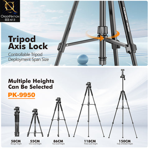 Plokama PK-9950 59-Inch 150cm Camera Tripod with 360° Head, Phone Holder & Remote Control