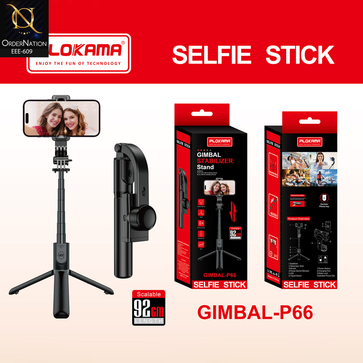 PLOKAMA GIMBAL-P66 92cm 3-in-1 Gimbal Selfie Stick Tripod with Anti-Shake & Bluetooth Remote