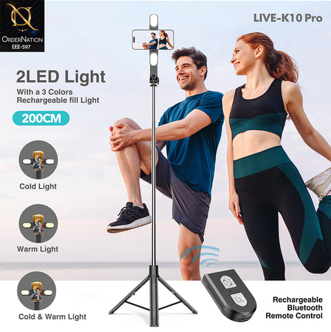 PLOKAMA LIVE-K10 Pro 200cm Selfie Stick Tripod with Dual LED Fill Lights, Bluetooth Remote & 360° Rotation