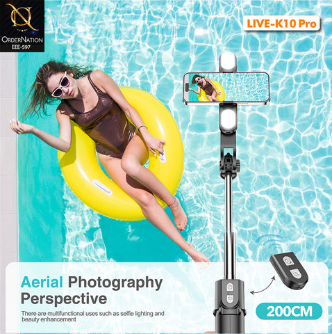 PLOKAMA LIVE-K10 Pro 200cm Selfie Stick Tripod with Dual LED Fill Lights, Bluetooth Remote & 360° Rotation