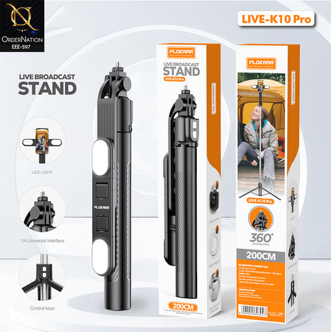PLOKAMA LIVE-K10 Pro 200cm Selfie Stick Tripod with Dual LED Fill Lights, Bluetooth Remote & 360° Rotation