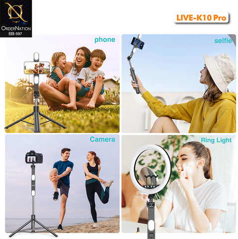 PLOKAMA LIVE-K10 Pro 200cm Selfie Stick Tripod with Dual LED Fill Lights, Bluetooth Remote & 360° Rotation