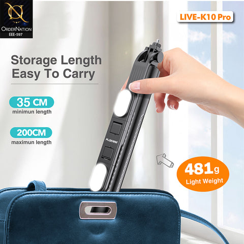 PLOKAMA LIVE-K10 Pro 200cm Selfie Stick Tripod with Dual LED Fill Lights, Bluetooth Remote & 360° Rotation