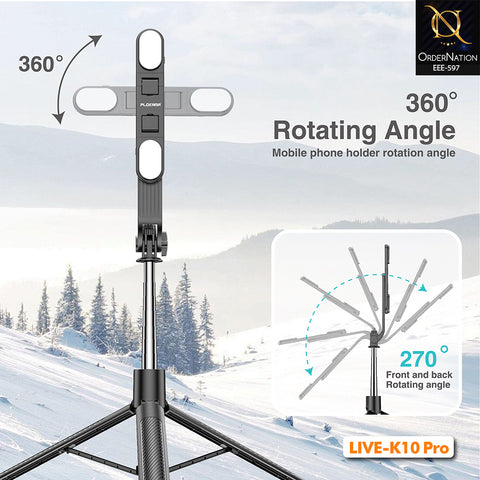 PLOKAMA LIVE-K10 Pro 200cm Selfie Stick Tripod with Dual LED Fill Lights, Bluetooth Remote & 360° Rotation