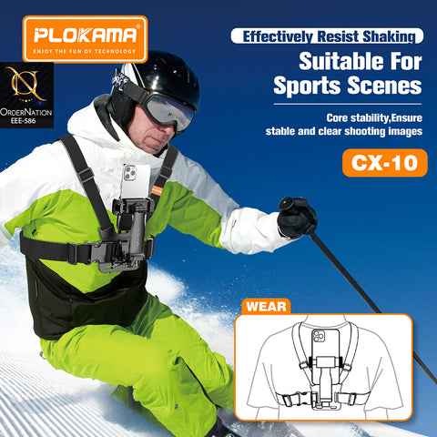 PLOKAMA CX-10 Chest Mount Holder for Phone & Action Camera - 360° POV Harness - For vlogs and films