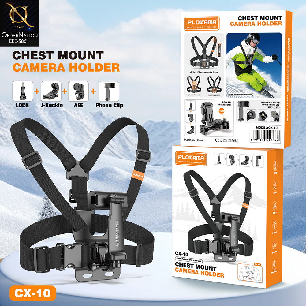 PLOKAMA CX-10 Chest Mount Holder for Phone & Action Camera - 360° POV Harness - For vlogs and films