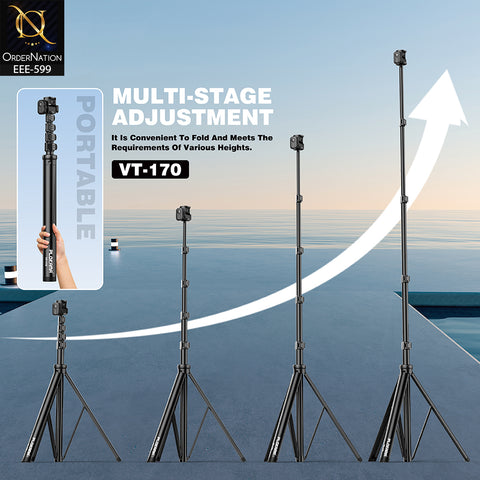 PLOKAMA VT-170 170cm Adjustable Alloy Tripod with Bluetooth Remote, 360° Rotation & Phone Holder