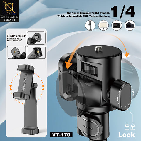 PLOKAMA VT-170 170cm Adjustable Alloy Tripod with Bluetooth Remote, 360° Rotation & Phone Holder