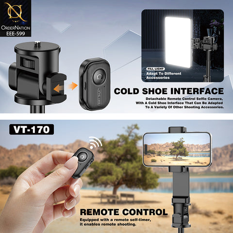 PLOKAMA VT-170 170cm Adjustable Alloy Tripod with Bluetooth Remote, 360° Rotation & Phone Holder