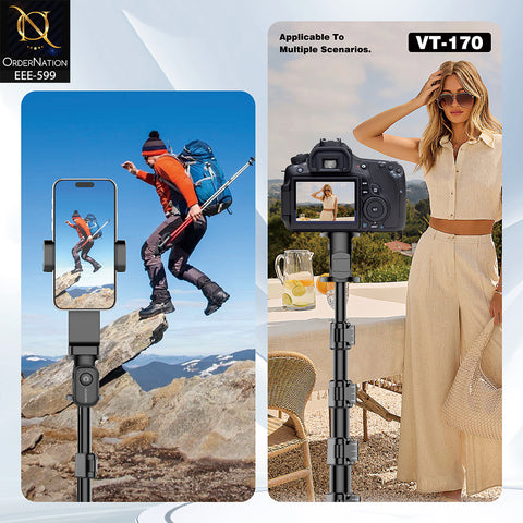 PLOKAMA VT-170 170cm Adjustable Alloy Tripod with Bluetooth Remote, 360° Rotation & Phone Holder