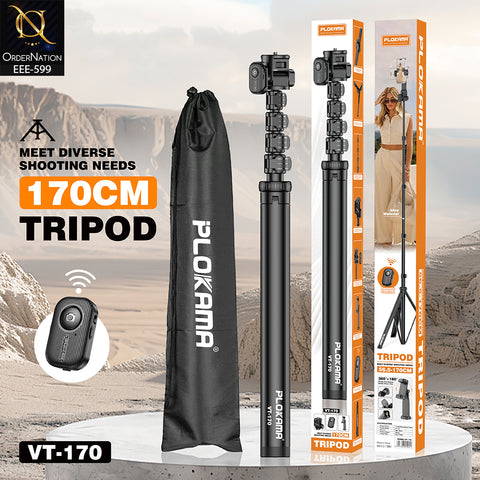 PLOKAMA VT-170 170cm Adjustable Alloy Tripod with Bluetooth Remote, 360° Rotation & Phone Holder