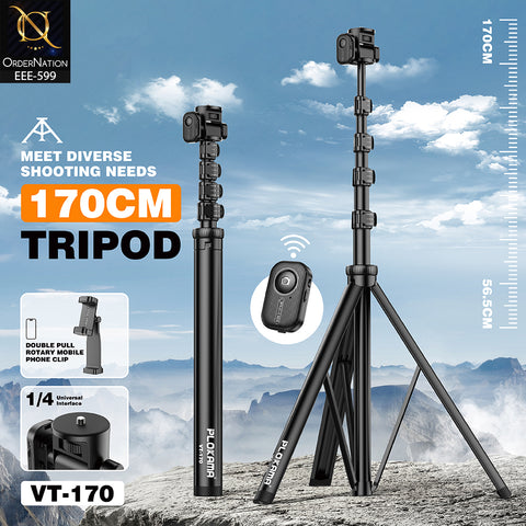 PLOKAMA VT-170 170cm Adjustable Alloy Tripod with Bluetooth Remote, 360° Rotation & Phone Holder