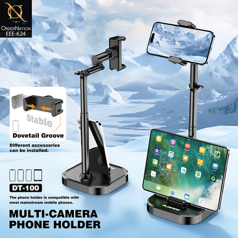 PLOKAMA DT-100 Adjustable Tabletop Phone & Tablet Holder, 22–41cm Liftable Stand with 180° Tilt, 360° Rotation & Stable Base