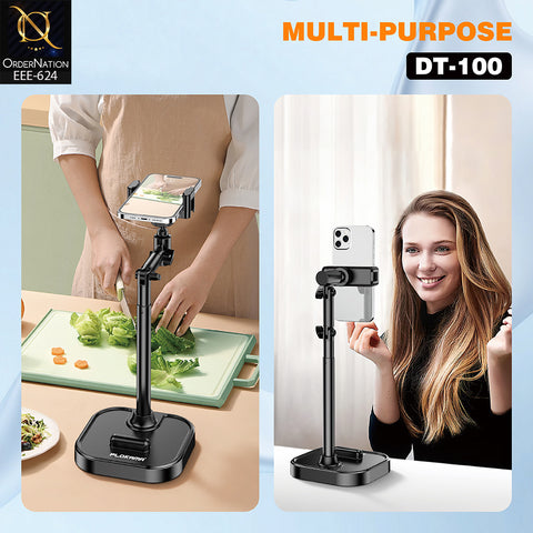 PLOKAMA DT-100 Adjustable Tabletop Phone & Tablet Holder, 22–41cm Liftable Stand with 180° Tilt, 360° Rotation & Stable Base