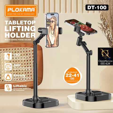 PLOKAMA DT-100 Adjustable Tabletop Phone & Tablet Holder, 22–41cm Liftable Stand with 180° Tilt, 360° Rotation & Stable Base