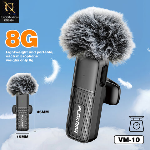 Plokama VM-10 Wireless Lavalier Microphone 2.4G Mini Lapel Mic with Windscreen and Lightning Adapter for iPhone & Type-C Vlogging