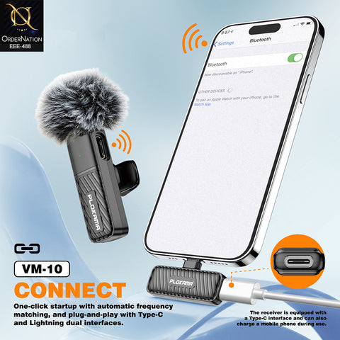 Plokama VM-10 Wireless Lavalier Microphone 2.4G Mini Lapel Mic with Windscreen and Lightning Adapter for iPhone & Type-C Vlogging