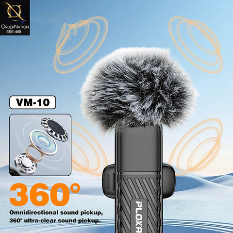 Plokama VM-10 Wireless Lavalier Microphone 2.4G Mini Lapel Mic with Windscreen and Lightning Adapter for iPhone & Type-C Vlogging