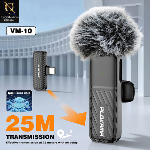 Plokama VM-10 Wireless Lavalier Microphone 2.4G Mini Lapel Mic with Windscreen and Lightning Adapter for iPhone & Type-C Vlogging