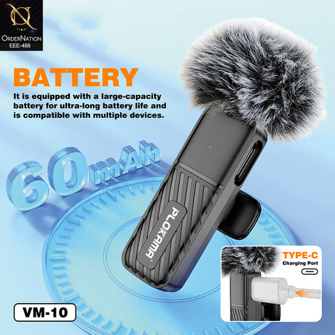 Plokama VM-10 Wireless Lavalier Microphone 2.4G Mini Lapel Mic with Windscreen and Lightning Adapter for iPhone & Type-C Vlogging