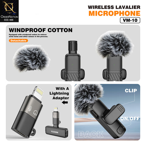 Plokama VM-10 Wireless Lavalier Microphone 2.4G Mini Lapel Mic with Windscreen and Lightning Adapter for iPhone & Type-C Vlogging