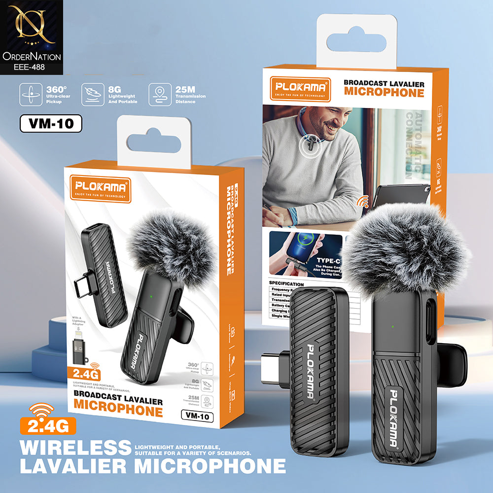 Plokama VM-10 Wireless Lavalier Microphone 2.4G Mini Lapel Mic with Windscreen and Lightning Adapter for iPhone & Type-C Vlogging