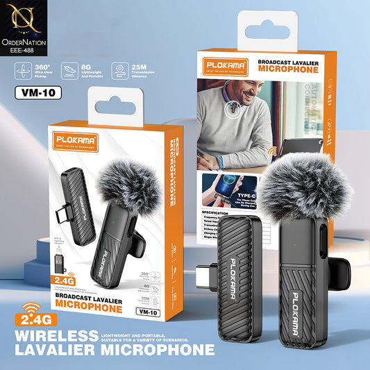 Plokama VM-10 Wireless Lavalier Microphone 2.4G Mini Lapel Mic with Windscreen and Lightning Adapter for iPhone & Type-C Vlogging