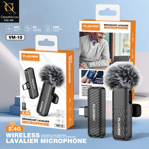 Plokama VM-10 Wireless Lavalier Microphone 2.4G Mini Lapel Mic with Windscreen and Lightning Adapter for iPhone & Type-C Vlogging