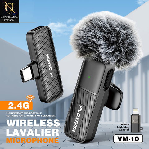 Plokama VM-10 Wireless Lavalier Microphone 2.4G Mini Lapel Mic with Windscreen and Lightning Adapter for iPhone & Type-C Vlogging