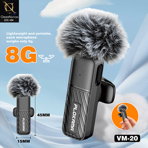 Plokama VM-20 Wireless Lavalier Microphone 2.4G Dual Broadcast Mic with Windscreen and Lightning Adapter for iPhone Type-C Vlogging