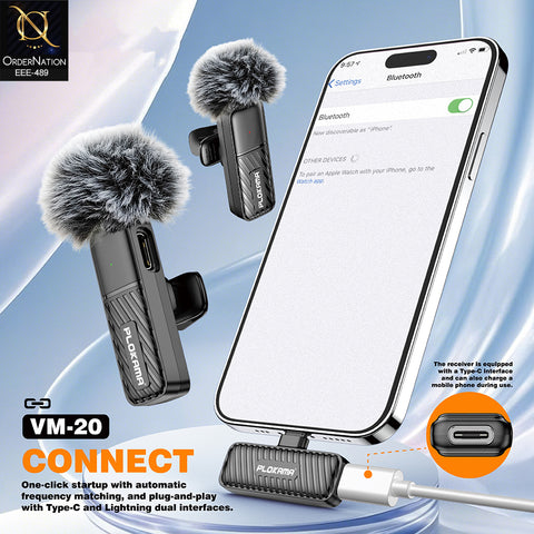 Plokama VM-20 Wireless Lavalier Microphone 2.4G Dual Broadcast Mic with Windscreen and Lightning Adapter for iPhone Type-C Vlogging
