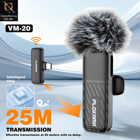 Plokama VM-20 Wireless Lavalier Microphone 2.4G Dual Broadcast Mic with Windscreen and Lightning Adapter for iPhone Type-C Vlogging