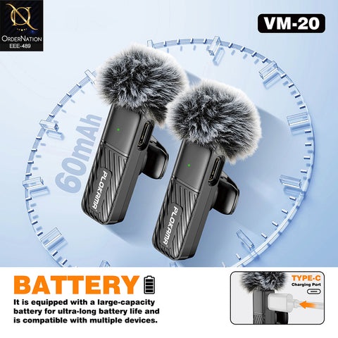 Plokama VM-20 Wireless Lavalier Microphone 2.4G Dual Broadcast Mic with Windscreen and Lightning Adapter for iPhone Type-C Vlogging