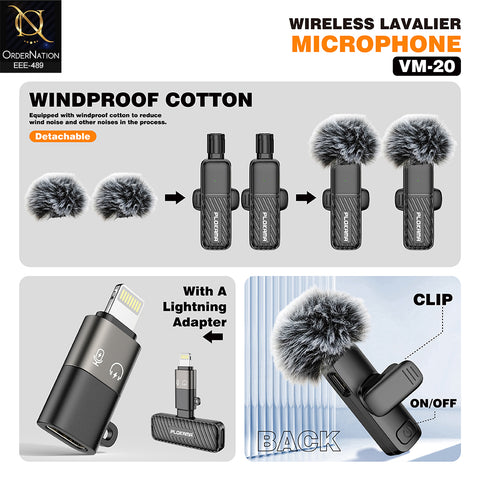 Plokama VM-20 Wireless Lavalier Microphone 2.4G Dual Broadcast Mic with Windscreen and Lightning Adapter for iPhone Type-C Vlogging