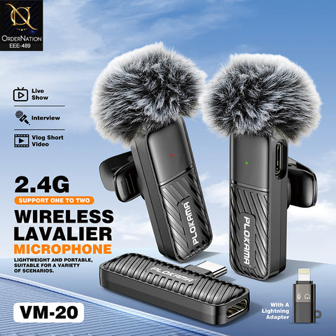 Plokama VM-20 Wireless Lavalier Microphone 2.4G Dual Broadcast Mic with Windscreen and Lightning Adapter for iPhone Type-C Vlogging