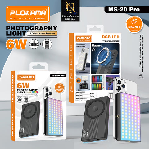 Plokama MS-20 Pro Magnetic 6W RGB LED Photography Light with Hot Shoe Adapter