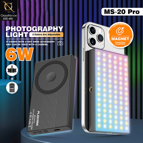 Plokama MS-20 Pro Magnetic 6W RGB LED Photography Light with Hot Shoe Adapter