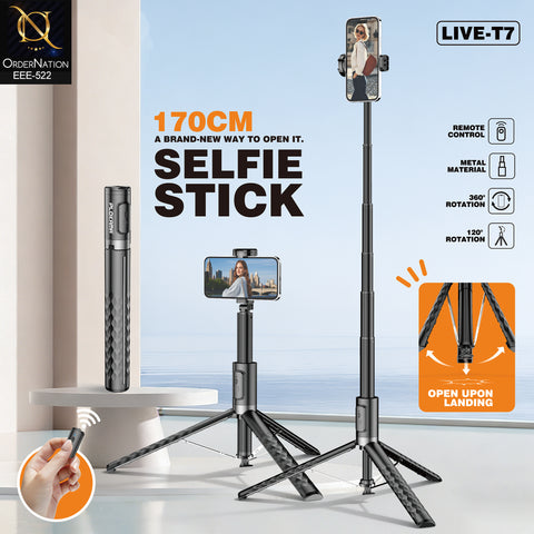 PLOKAMA LIVE-T7 170cm Selfie Stick Tripod with Remote Control, 360° Rotation & Auto-Opening Landing Design