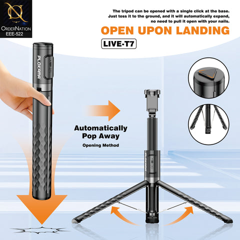PLOKAMA LIVE-T7 170cm Selfie Stick Tripod with Remote Control, 360° Rotation & Auto-Opening Landing Design