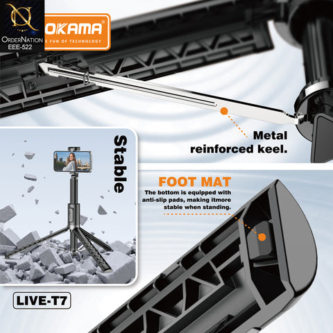 PLOKAMA LIVE-T7 170cm Selfie Stick Tripod with Remote Control, 360° Rotation & Auto-Opening Landing Design