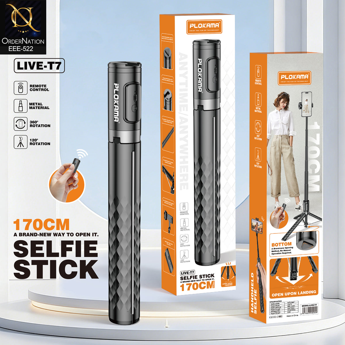 PLOKAMA LIVE-T7 170cm Selfie Stick Tripod with Remote Control, 360° Rotation & Auto-Opening Landing Design