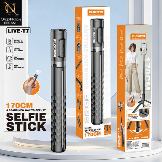 PLOKAMA LIVE-T7 170cm Selfie Stick Tripod with Remote Control, 360° Rotation & Auto-Opening Landing Design