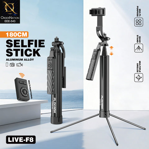PLOKAMA LIVE-F8 180cm Aluminum Alloy Multi-Purpose Selfie Stick with Remote Control, Quad Stand & Multiple Angles