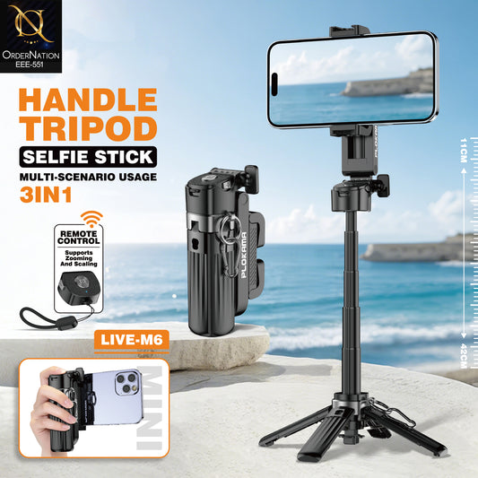 Plokama LIVE-M6 Handle Tripod Selfie Stick with Remote Control 3-in-1 Multi-Scenario Mobile Phone Holder