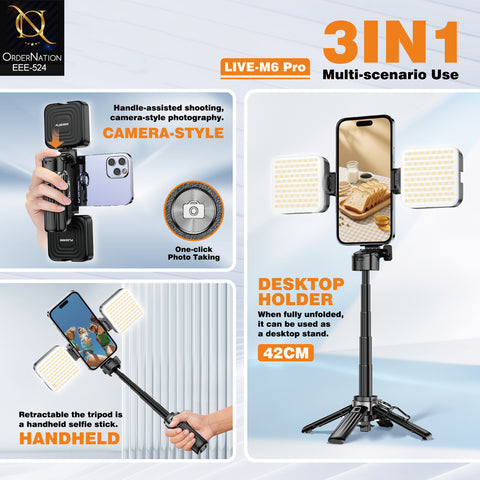 PLOKAMA LIVE-M6 Pro Handle Tripod Selfie Stick with 2 LED Lights, Remote Control & Adjustable 3-in-1 Design