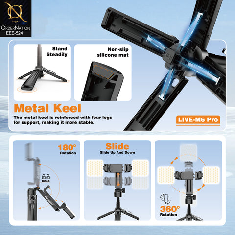 PLOKAMA LIVE-M6 Pro Handle Tripod Selfie Stick with 2 LED Lights, Remote Control & Adjustable 3-in-1 Design
