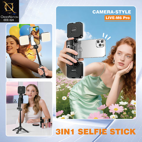 PLOKAMA LIVE-M6 Pro Handle Tripod Selfie Stick with 2 LED Lights, Remote Control & Adjustable 3-in-1 Design