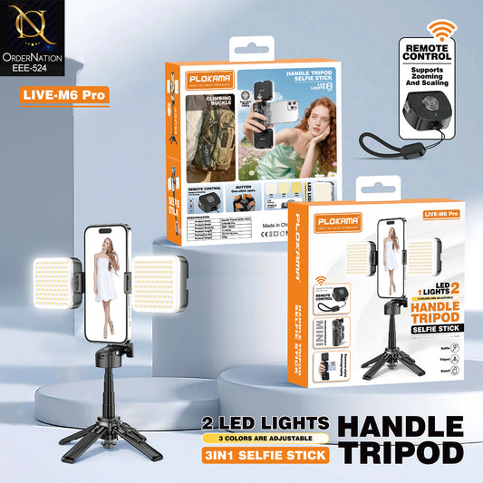 PLOKAMA LIVE-M6 Pro Handle Tripod Selfie Stick with 2 LED Lights, Remote Control & Adjustable 3-in-1 Design