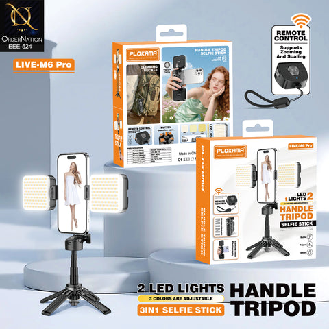 PLOKAMA LIVE-M6 Pro Handle Tripod Selfie Stick with 2 LED Lights, Remote Control & Adjustable 3-in-1 Design