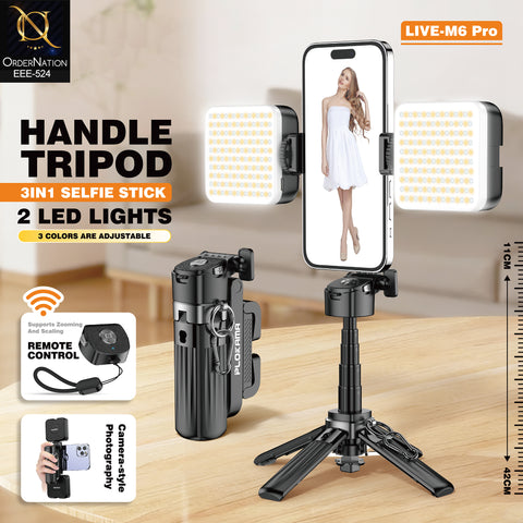 PLOKAMA LIVE-M6 Pro Handle Tripod Selfie Stick with 2 LED Lights, Remote Control & Adjustable 3-in-1 Design
